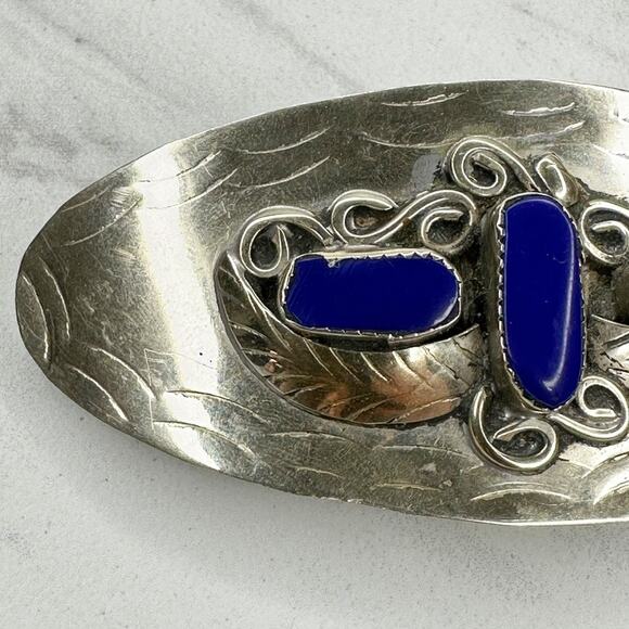 Vintage Hecho Mexico Silver Tone Lapis Lazuli Wirework Feather Hair Barrette ✨ main image 13
